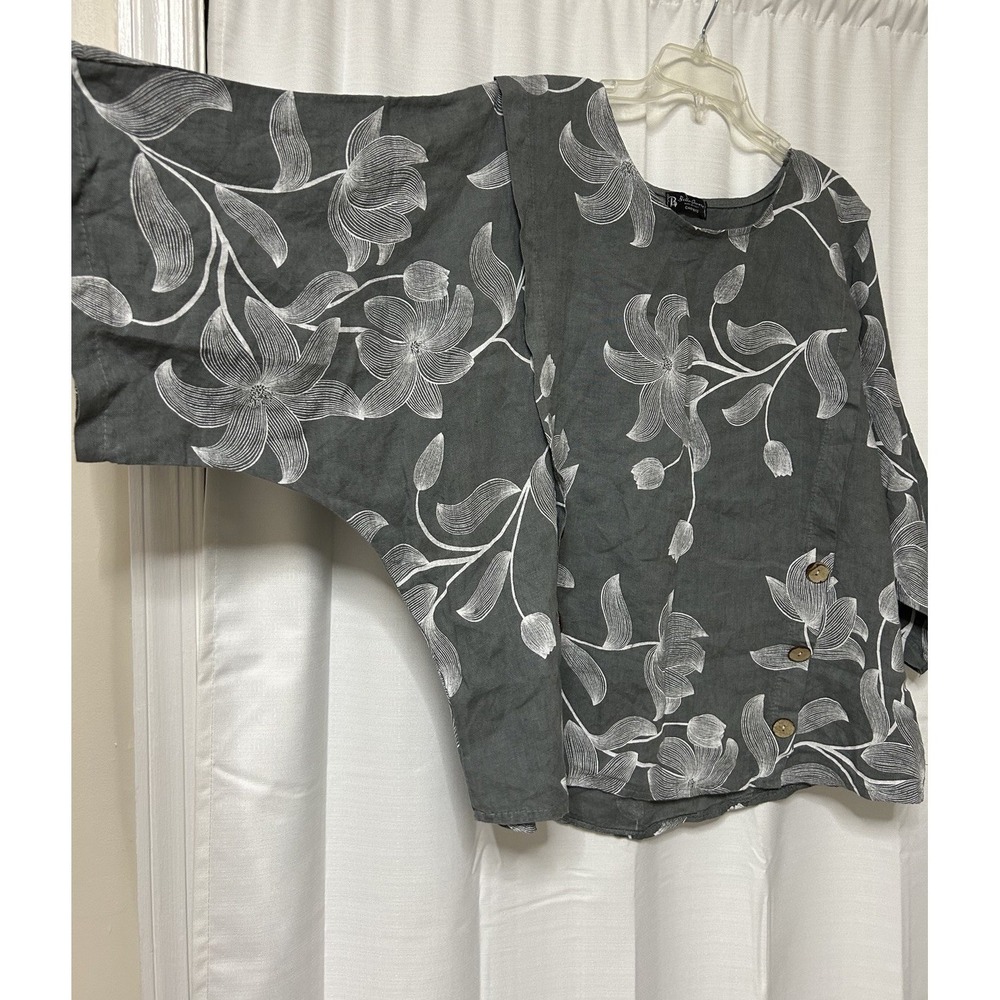 Bella Amore Size L/XL Gray Linen Floral Print Artsy Oversized Lagenlook Top - Picture 4 of 7